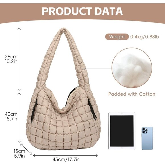 Women's Khaki Lightweight Cotton Puffy Quilted Hobo Bag Retro Soft Shoulder Bag - Picture 7 of 7